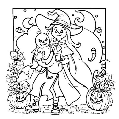 Girl In A Halloween Cape Holding A Ghost coloring page - free printable