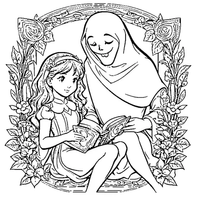 Girl Reading A Book With A Friendly Ghost coloring page - free printable