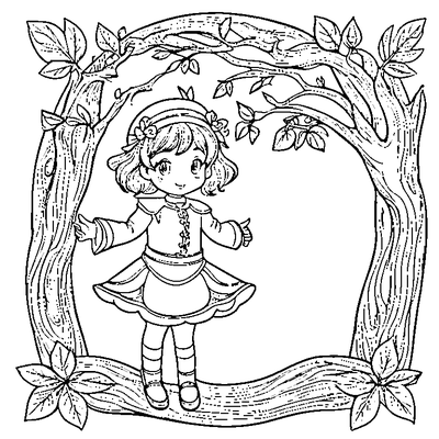 Girl Standing In A Leafy Branch Frame coloring page - free printable
