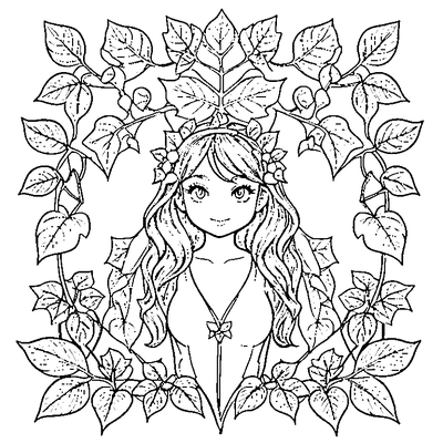 Girl Surrounded By Ivy Leaves coloring page - free printable