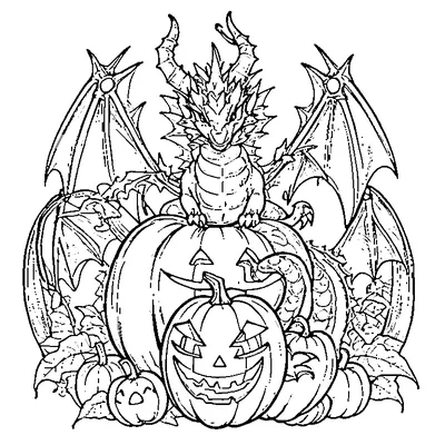 Halloween Dragon Sitting On Pumpkins coloring page - free printable
