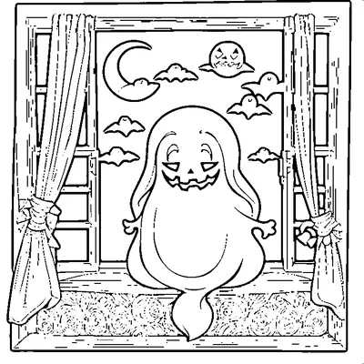 Halloween Ghost Peeking Out of Window coloring pages