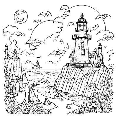 Halloween Lighthouse On A Rocky Cliff coloring page - free printable