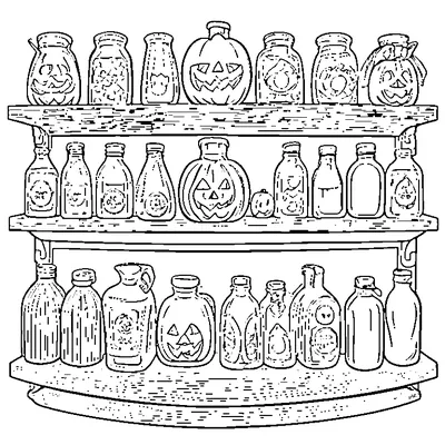 Halloween Potion Bottles On A Shelf coloring page - free printable