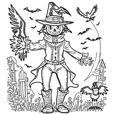 Halloween Scarecrow With Crows coloring page - free printable