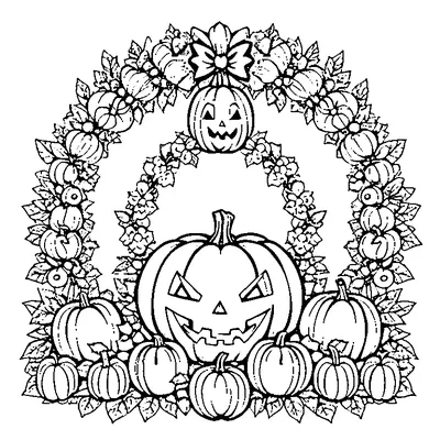 Halloween Wreath With Pumpkins coloring page - free printable
