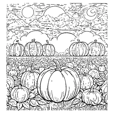 Harvest Moon Over A Pumpkin Field coloring page - free printable