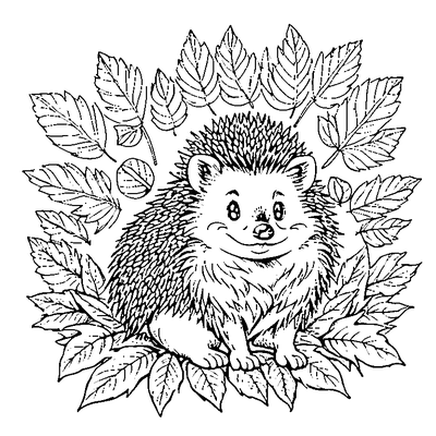 hedgehog covered in fall leaves coloring pages