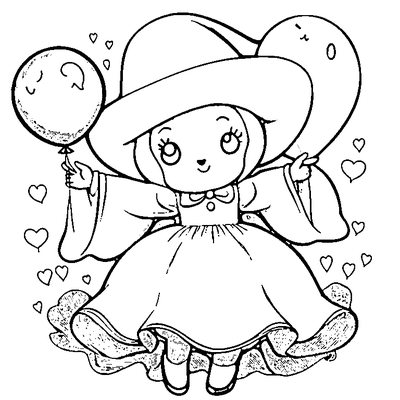 Little Witch Holding A Balloon coloring page - free printable