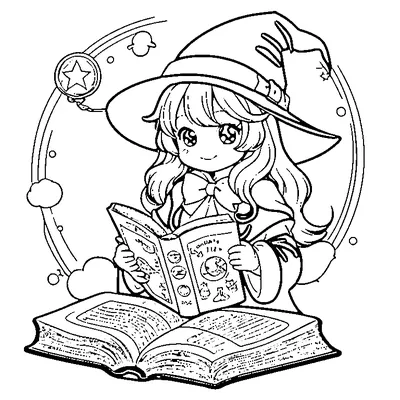 Little Witch Reading A Spellbook coloring page - free printable