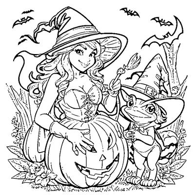 Little Witch With A Pet Frog coloring page - free printable