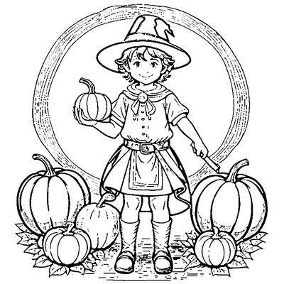 pilgrim boy holding a pumpkin coloring pages