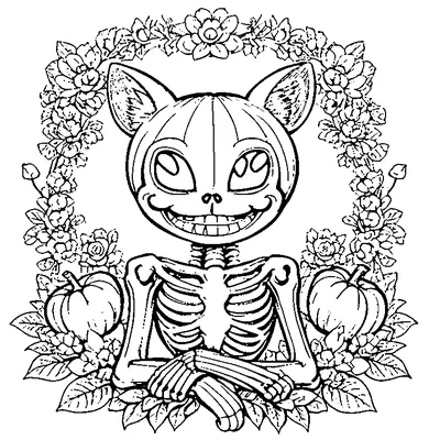 Skeleton Cat With A Pumpkin coloring page - free printable