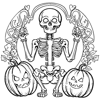 Skeleton Holding A Pumpkin coloring page - free printable