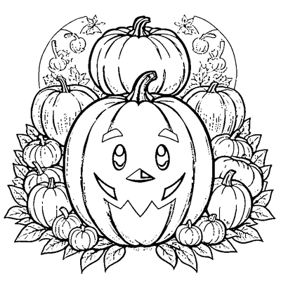 smiling pumpkin with autumn leaves coloring pages