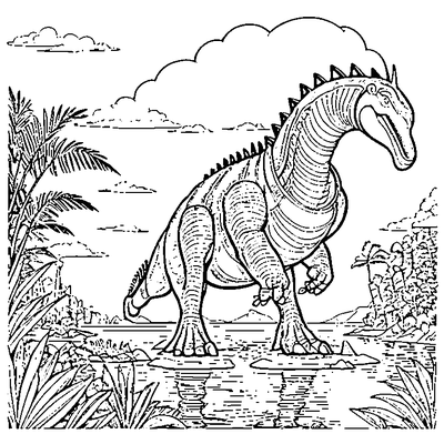 spinosaurus standing by a river coloring pages