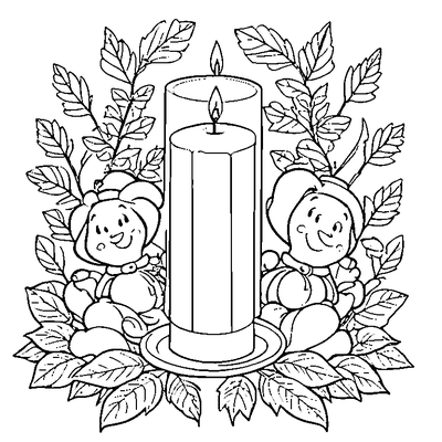 Thanksgiving Candle With Autumn Leaves And Kids coloring page - free printable