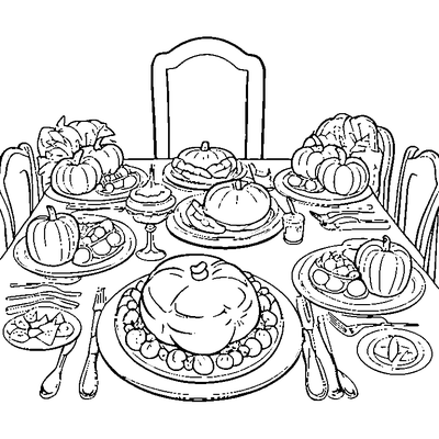 thanksgiving dinner table with turkey and pies coloring pages