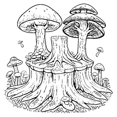 tree stump with mushrooms coloring pages