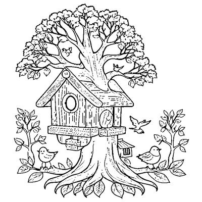 tree with a birdhouse and birds coloring pages