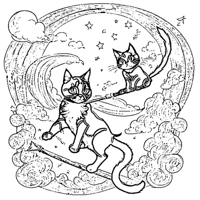 Two Cats Flying On Witch Brooms coloring page - free printable