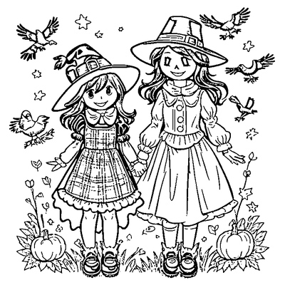 two pilgrim girls with autumn leaves coloring pages