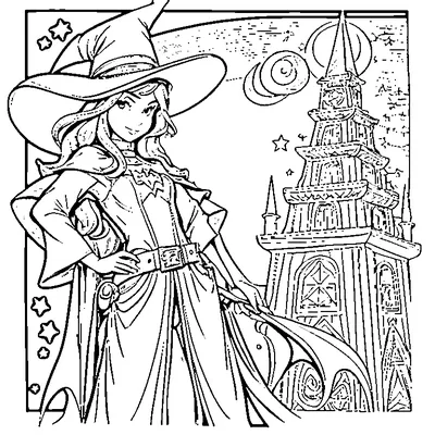 Witch Standing By A Castle Tower coloring page - free printable